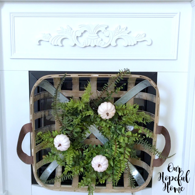 square tobacco basket fern wreath white clip-on pumpkins fireplace