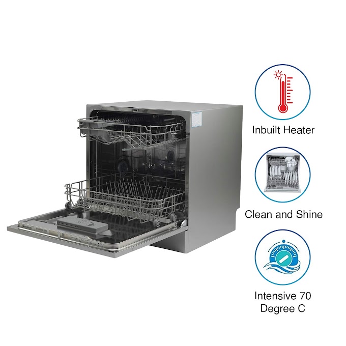Voltas Beko 8 Place Table Top Dishwasher (DT8S, Silver, Inbuilt Heater, Adjustable Upper Shelf)