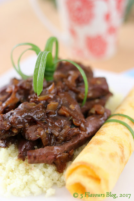 Beef Heart in Brown Onion Gravy, Side View.