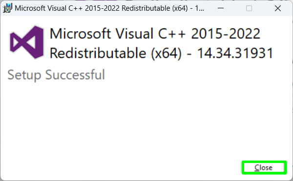 successfully installed microsoft visual c++ 2015-2022 runtime