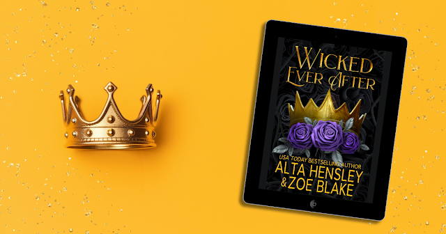 "Wicked Ever After" book on iPad on top of yellow background, sitting next to gold crown