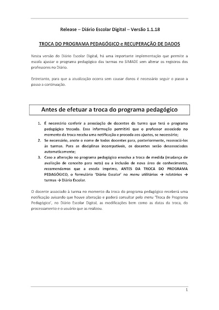 Troca do programa pedagógico e recuperação de dados