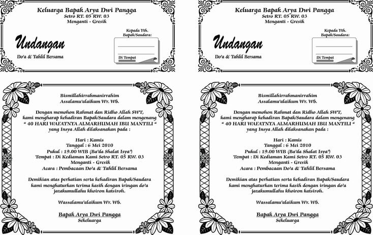 Tahlil ialah salah satu tradisi yang sangat lekat di masyarakat muslim di Indonesia inilah 7 Contoh Undangan Tahlil / Tahlilan Terlengkap