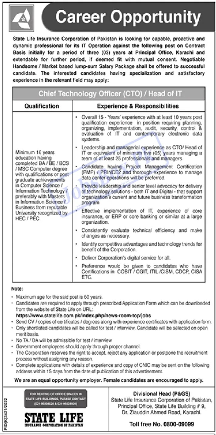 State Life Insurance Corporation Jobs Advertisement 2023