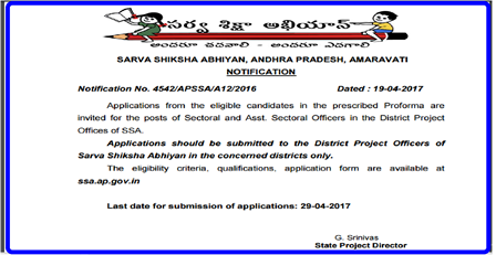 SSA Andhra Pradesh Notification for the Posts of Sectorial and Assistant Sectorial Officers in District Project offices Applications from the eligible candidates in the prescribed Proforma are invited for the posts of Sectoral and Asst. Sectoral Officers in the District Project Offices of SSA. Applications should be submitted to the District Project Officers of Sarva Shiksha Abhiyan in the concerned districts only. The eligibility criteria, qualifications, application form are available at ssa.ap.gov.in/2017/04/ssa-andhra-pradesh-notification-for-sectorial-officers--assistant-sectorial-officers-in-district-project-offices-ssa.ap.gov.in.html