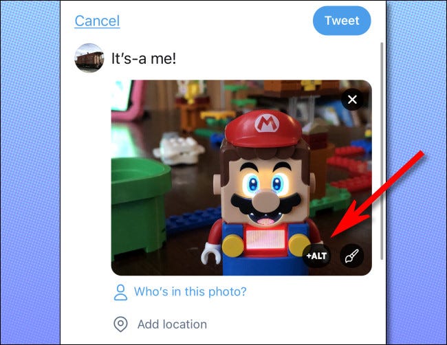 في Twitter ، انقر فوق الزر "+ ALT" لإضافة وصف نص بديل إلى صورتك.