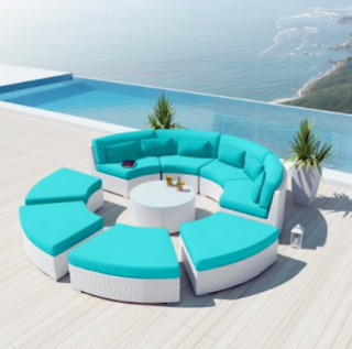 Uduka Modavi 9pcs Outdoor Round Sectional Patio Furniture White Wicker Sofa Set Turquoise All Weather Couch