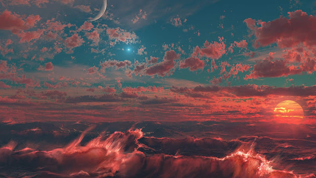 SciFi Planet Sunset Waves Desktop Wallpaper
