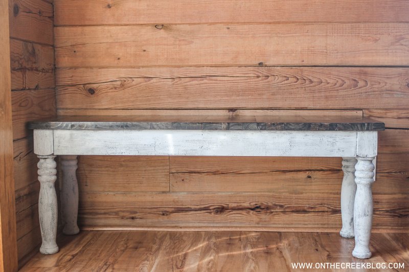 Step-by-step transformation of an upcycled dining bench, showcasing the process from applying crackle glaze to the final custom-stained piece. | on the creek blog // www.onthecreekblog.com