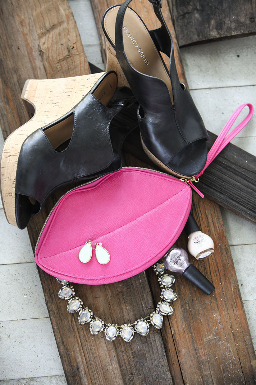 Franco sarto wedges, kiss wristlet, firestone collar, and Nicole by OPI nail color