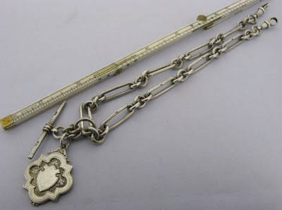 Antique Silver Double Albert Fetter Link Watch Chain T-Bar & Fob 54gr Bir 1920 