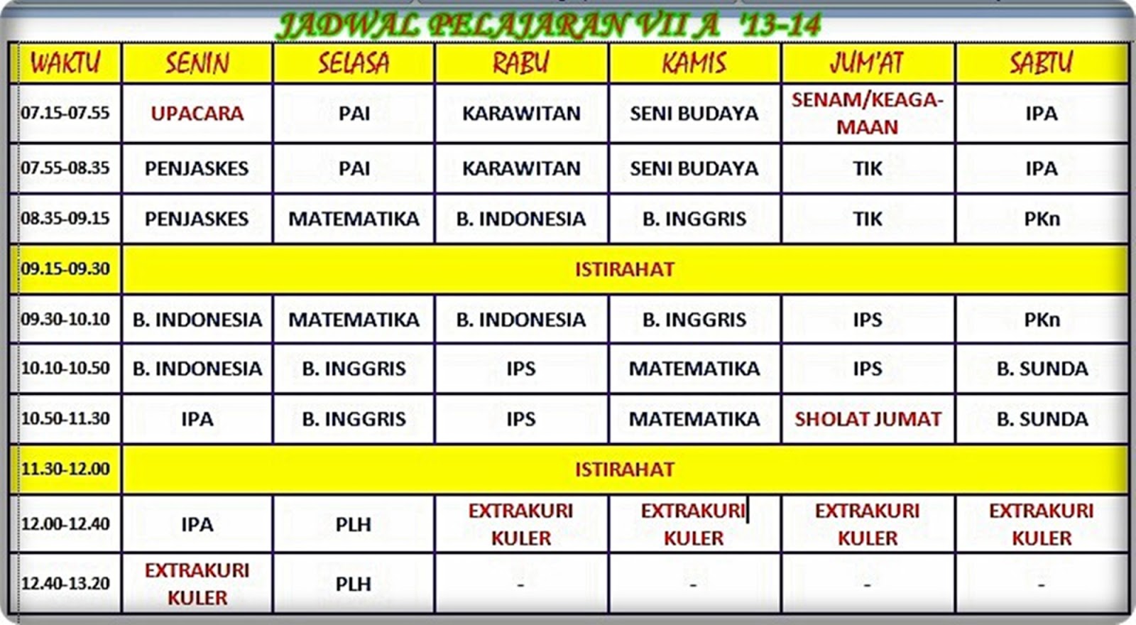 Jadwal Pelajaran Perkelas SMPN 2 Tambaksari Tahun Pelajaran 2013-2014