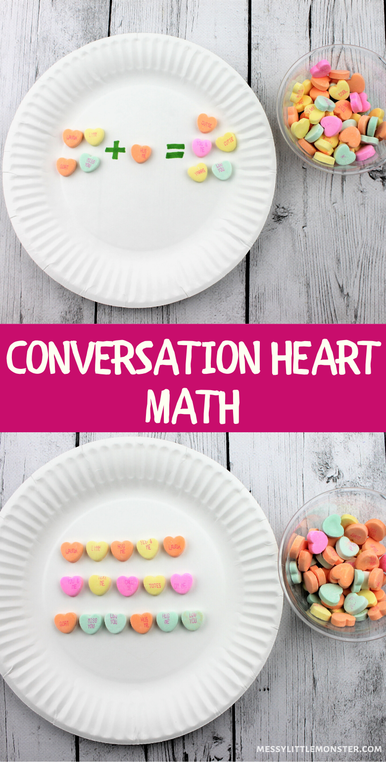 Valentine Math for preschoolers. Conversation heart math activity.