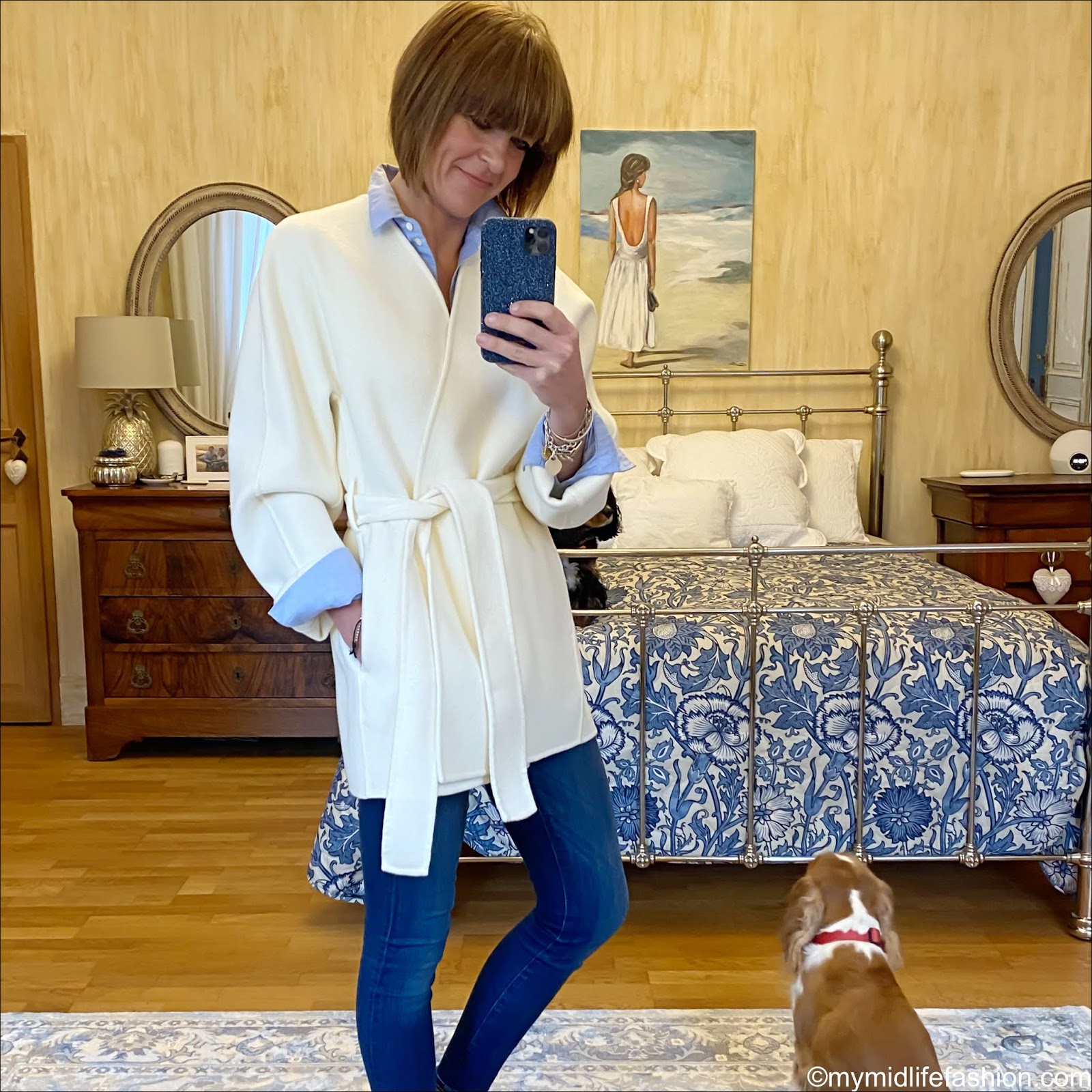 my midlife fashion, jigsaw double face wrap coat, sezane tomboy shirt, j crew 8 inch toothpick jeans, golden goose superstar low top leather trainers