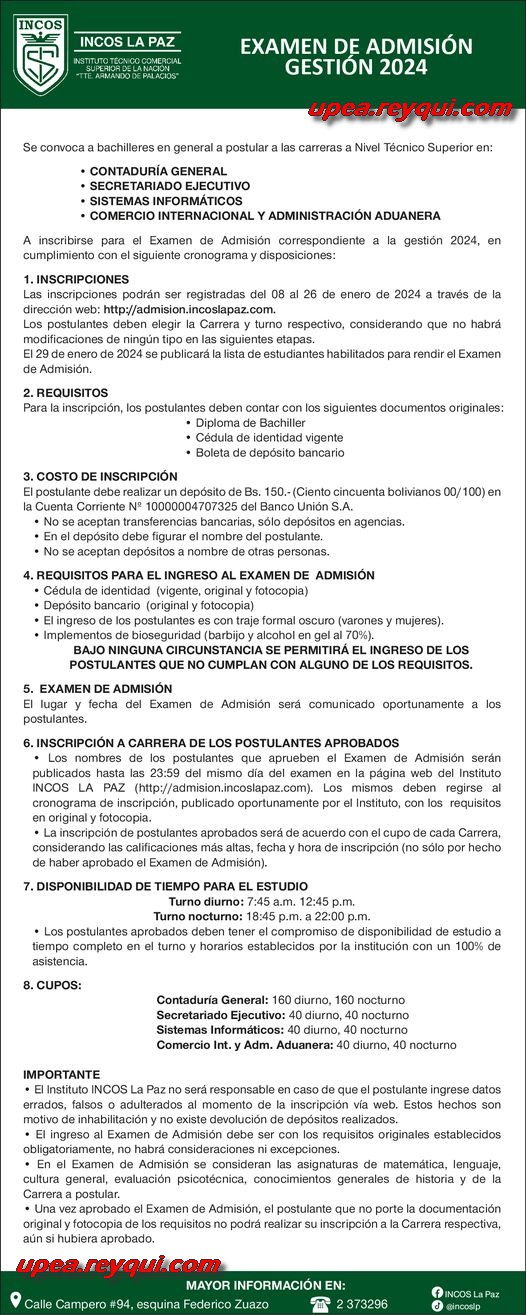 INCOS La Paz 2024: Convocatoria al Examen de Admisión