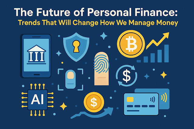 A futuristic digital infographic illustrating key trends in personal finance, including AI-driven banking, blockchain technology, biometric authentication, and contactless payments. The image features a smartphone with a bank icon, Bitcoin symbol, and a security shield, set against a modern blue-toned background.
