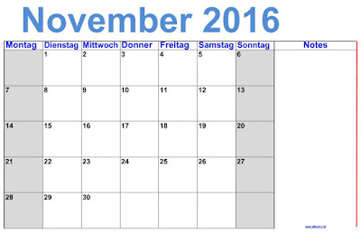 Deutsch November 2016 Kalender mit Noten - gratis printbare im Querformat.