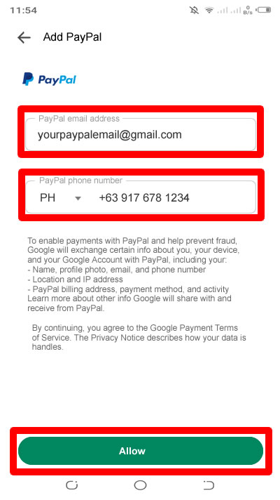 enter paypal email address and phone number