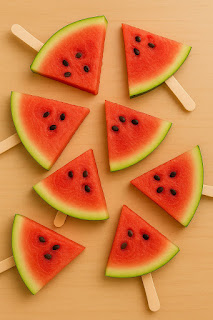 eight triangular slices of fresh watermelon with rind and seeds, each served on a wooden popsicle stick, arranged in a circle on a light wooden surface.