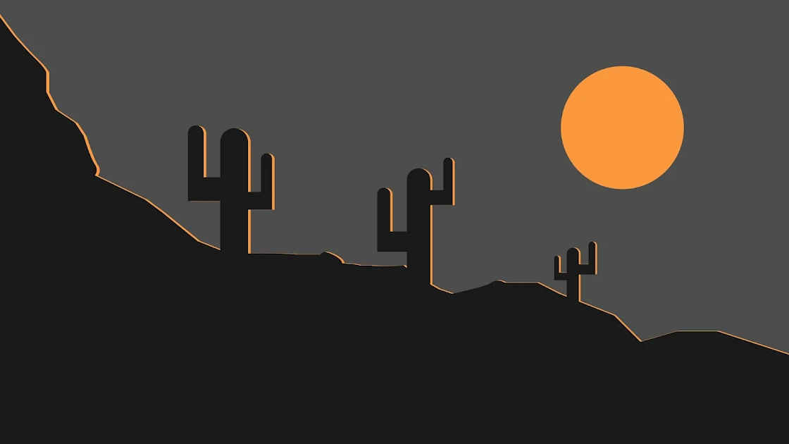 A minimalist 4K PC wallpaper depicting a desert scene with cactus silhouettes against a dusk sky and warm sun.