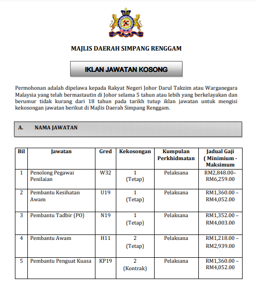 jawatan kosong majlis daerah simpang renggam