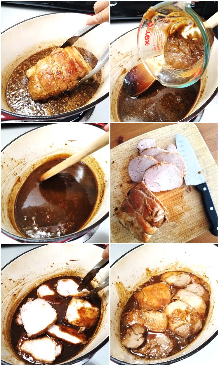 Lomo de cerdo acaramelado: cocción final y reducción de la salsa