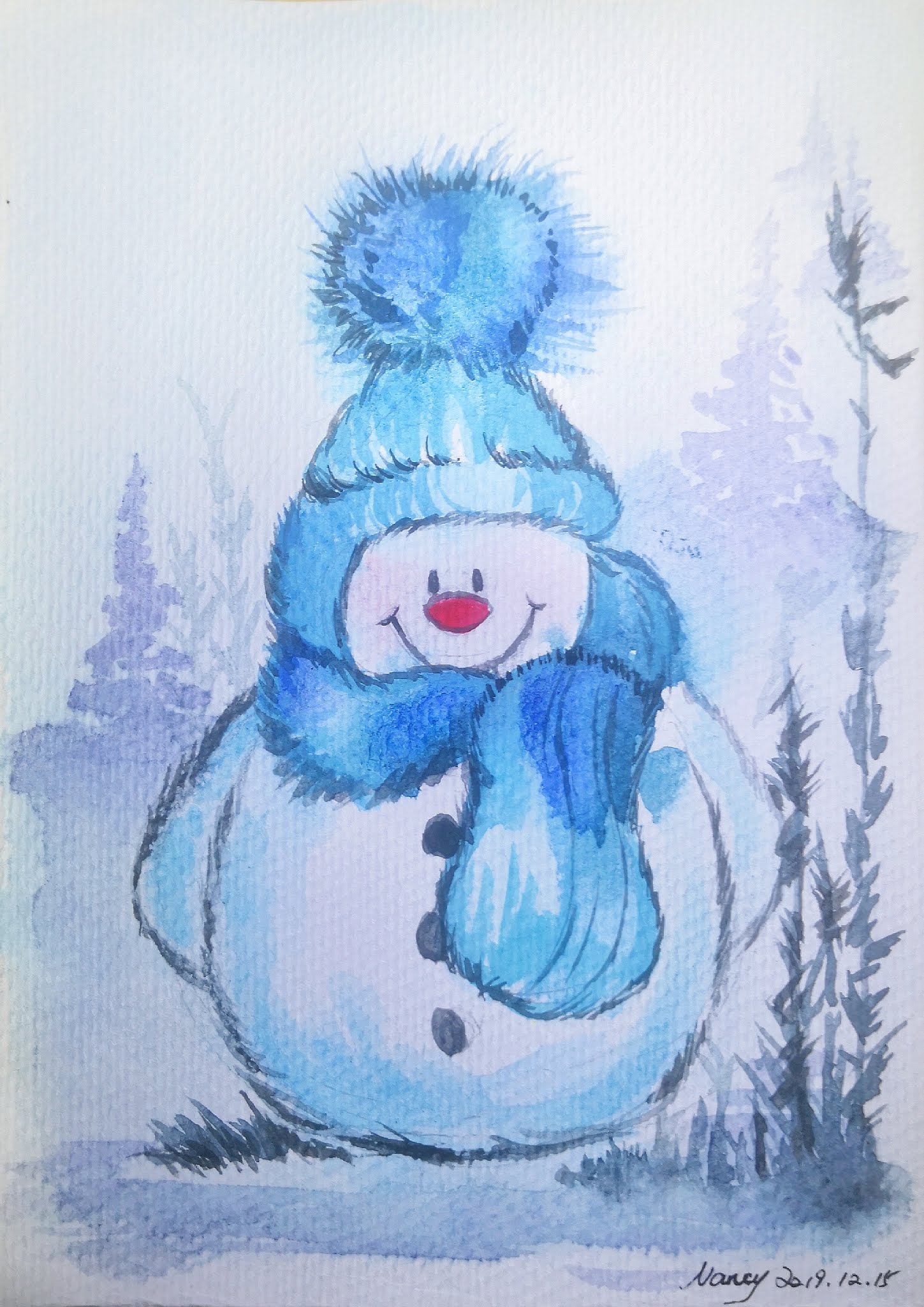 How to draw snowman in watercolor