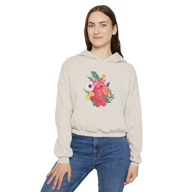 Women's Cinched Bottom Valentine Hoodie With Red Pink Watercolor Heart and Flowers