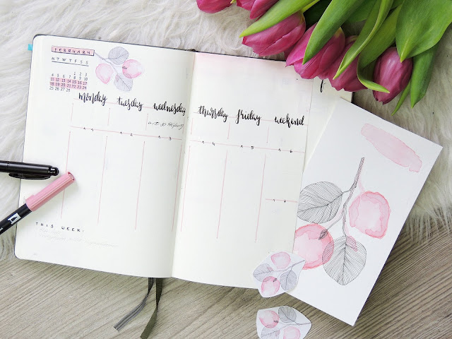 bullet journal weekly loq with dutch door and watercolour paintings of flowers by glitter is black