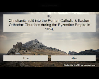 Christianity split into the Roman Catholic & Eastern Orthodox Churches during the Byzantine Empire in 1054. Answer choices include: true, false