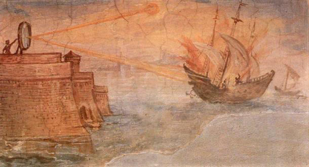 Настенная роспись из галереи Уффици во Флоренции, Италия, изображающая зеркало греческого математика Архимеда, которое использовалось для сжигания римских военных кораблей. Написано Джулио Париджи в 1600 году