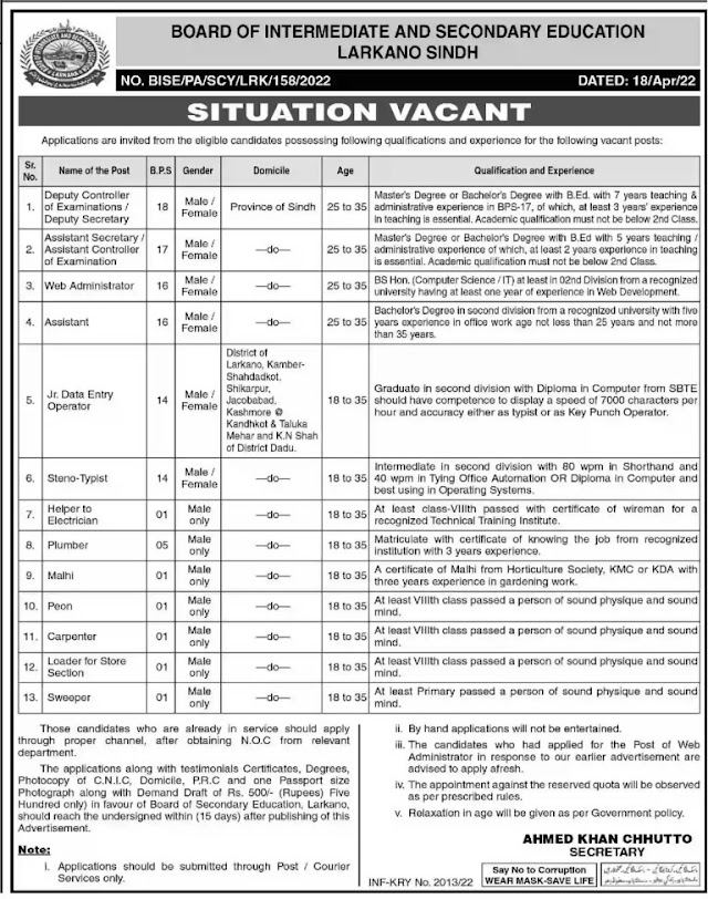 Sindh board of intermediate jobs 2022 management jobs