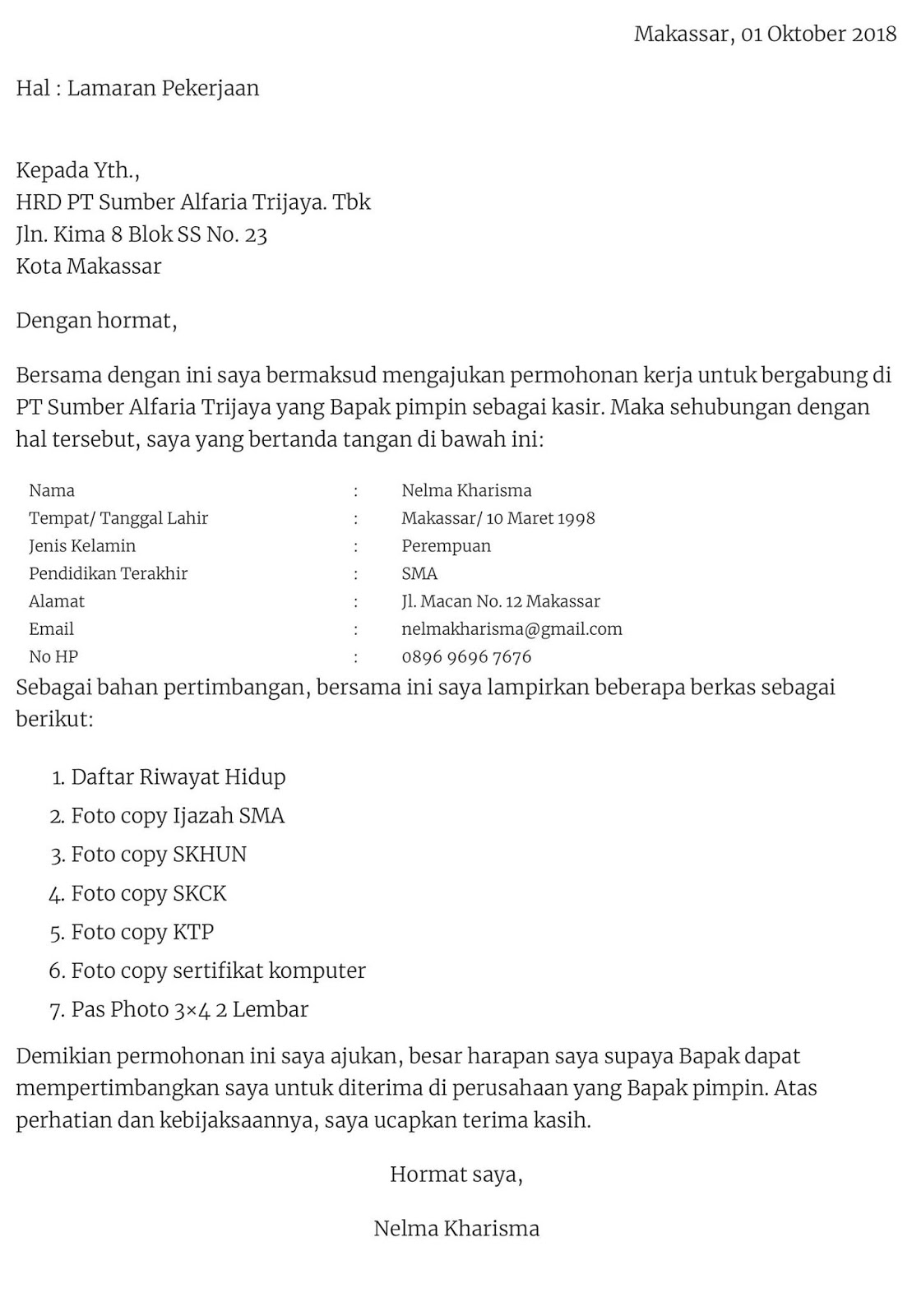 Contoh Surat Lamaran Kerja Lowongan Kerja Kalimantan Tengah