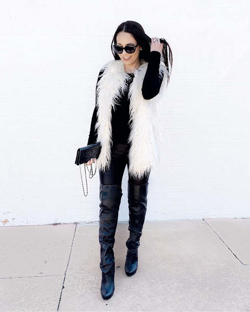 White or Ivory Faux Fur Vest with over the knee boots and Faux leather leggings www.MalenaHaas.com