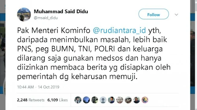 Said Didu: Lebih Baik PNS Dilarang Pakai Medsos, Hanya Boleh Baca Berita yang Disiapkan Pemerintah