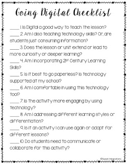 See if technology integration is right for you and your students. You'll find the 10 questions to ask before going digital. There's a FREE checklist too. Click through to learn more for your 2nd, 3rd, 4th, 5th, or 6th grade students. You'll be considering 21st Century Skills, enhancement, going paperless, student engagement, differentiation, and more about technology integration in the classroom. 