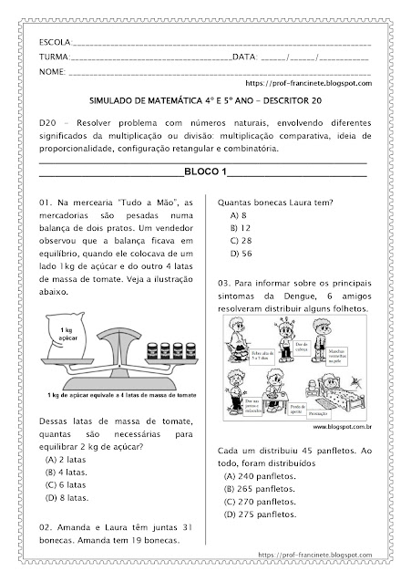 SIMULADO DE MATEMÁTICA 4º E 5º ANO – DESCRITOR 20