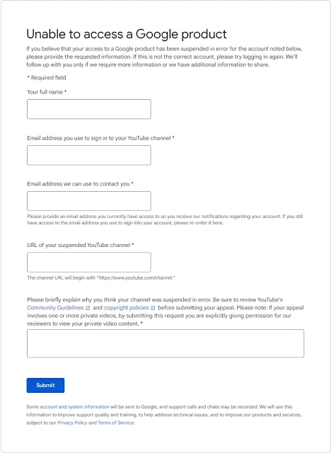 youtube channel appeal form