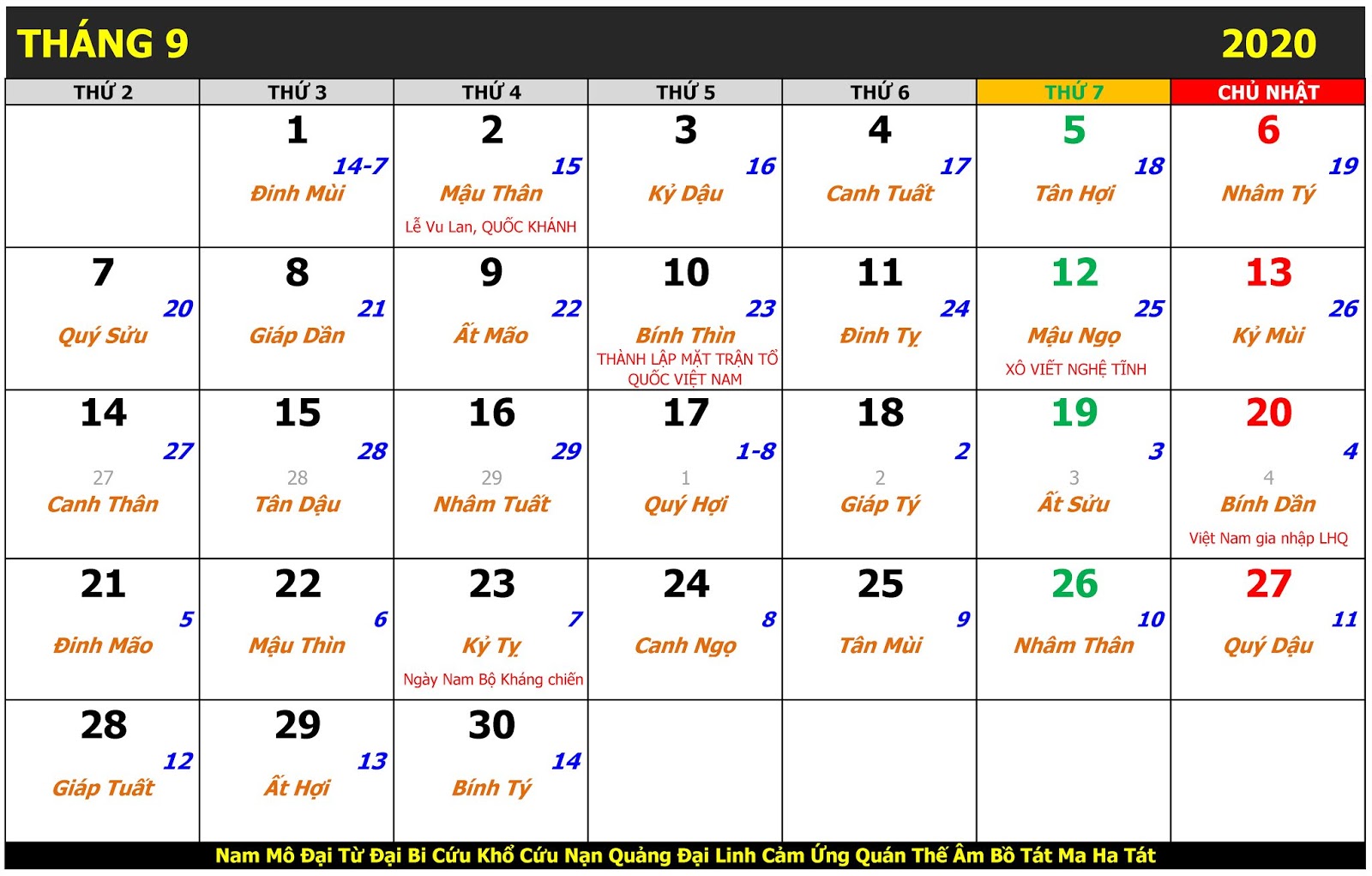 LỊCH VẠN SỰ THÁNG 9 NĂM 2020