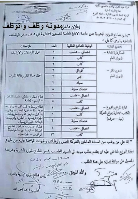 اعلان وظائف شركة مياة الشرب والصرف الصحي بالجيزة بتاريخ 15-5-2023