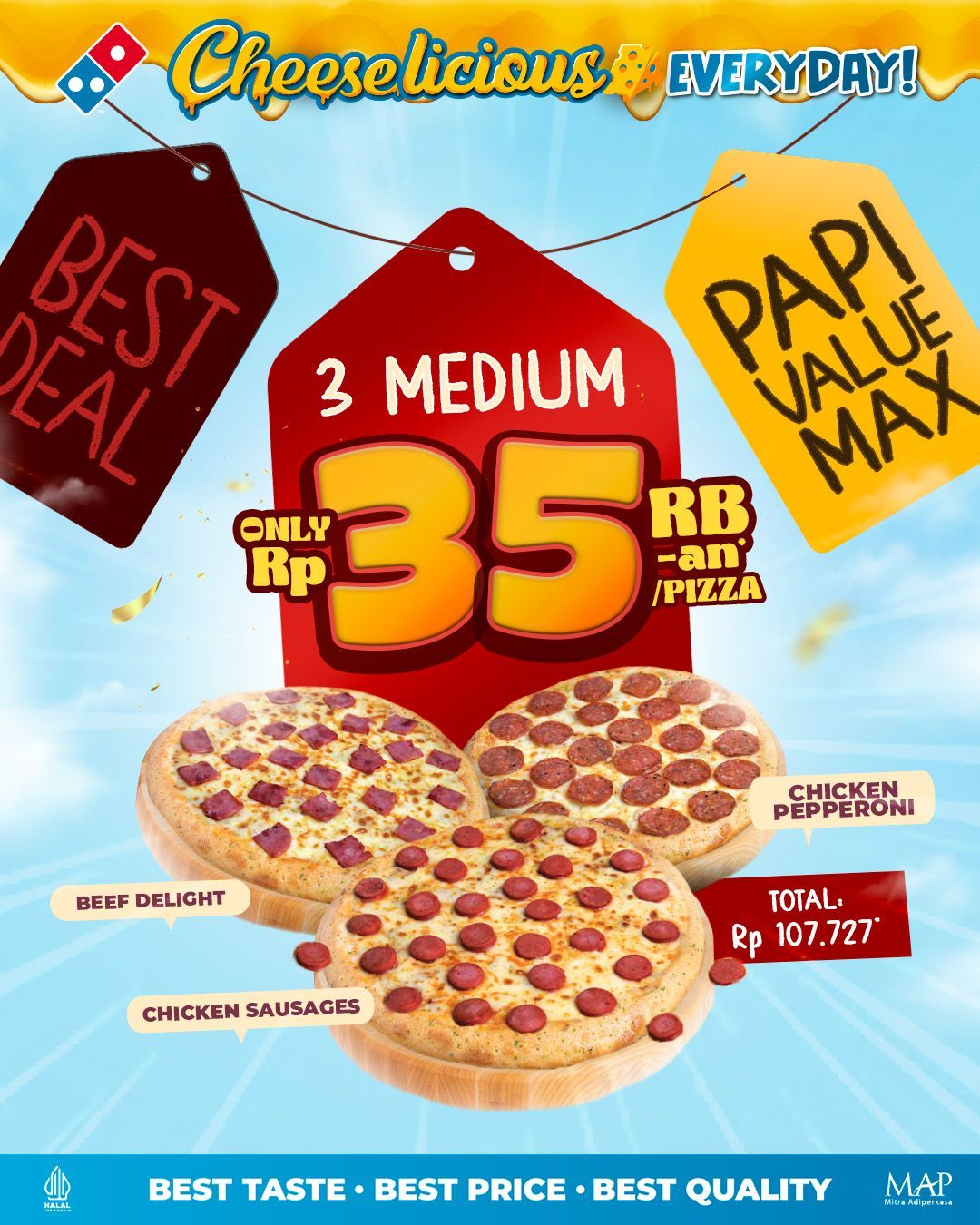 DOMINO'S PIZZA Promo PAPI VALUE MAX – Beli 3 Medium Pizza Hanya Rp. 35K/Pizza