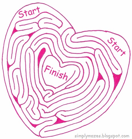 Maze Number 112: Heart within Heart. A pink printable maze.  Perfect for Valentine's Day.