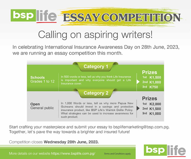 BSP PNG| In celebrating International Insurance Day later this month, we are giving aspiring writers the opportunity to win up to K2,000 cash.   Submit your essay entries via email bsplifemarketing@bsp.com.pg Entry requirements http://ow.ly/EqBy50OFaRi