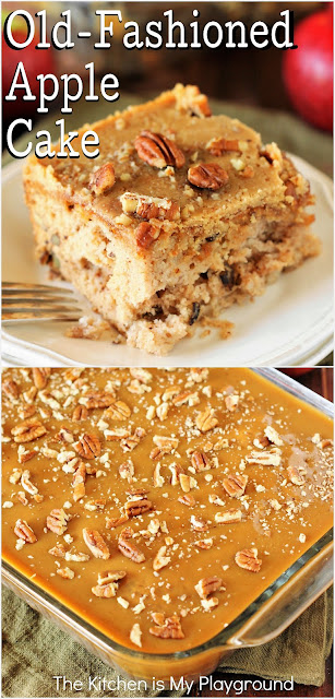 Old-Fashioned Apple Cake ~ Loaded with fresh apples, iced with boiled caramel topping, and studded with crunchy pecans, Old-Fashioned Apple Cake is one stunningly delicious apple dessert.  www.thekitchenismyplayground.com