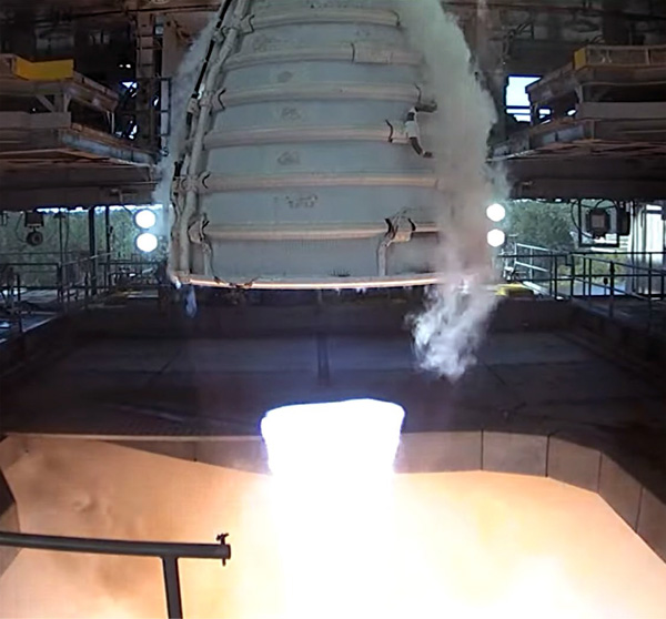 A next-generation RS-25 engine is tested on the Fred Haise Test Stand at NASA's Stennis Space Center in Bay St. Louis, Mississippi...on March 21, 2023.