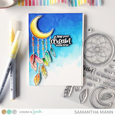 Dream Catcher Card by Samantha Mann for Create a Smile Stamps, Moon, Watercolor, Distress Inks, Card Making, Create a Smile Stamps, #createasmile #createasmilestamps #distressinks #watercolor #dreamcatcher #cardmaking