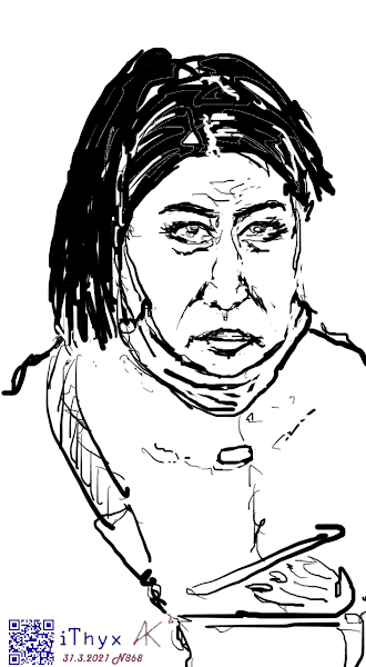 Цифровой портрет  женщины с чёрными волосами собранными на макушке,  накрашенными глазами, в белой шебке с маской на подбородке и планшетом в руке. Рисунок сделал Андрей Бондаренко #iThyx, . Автор рисунка: художник #iThyx