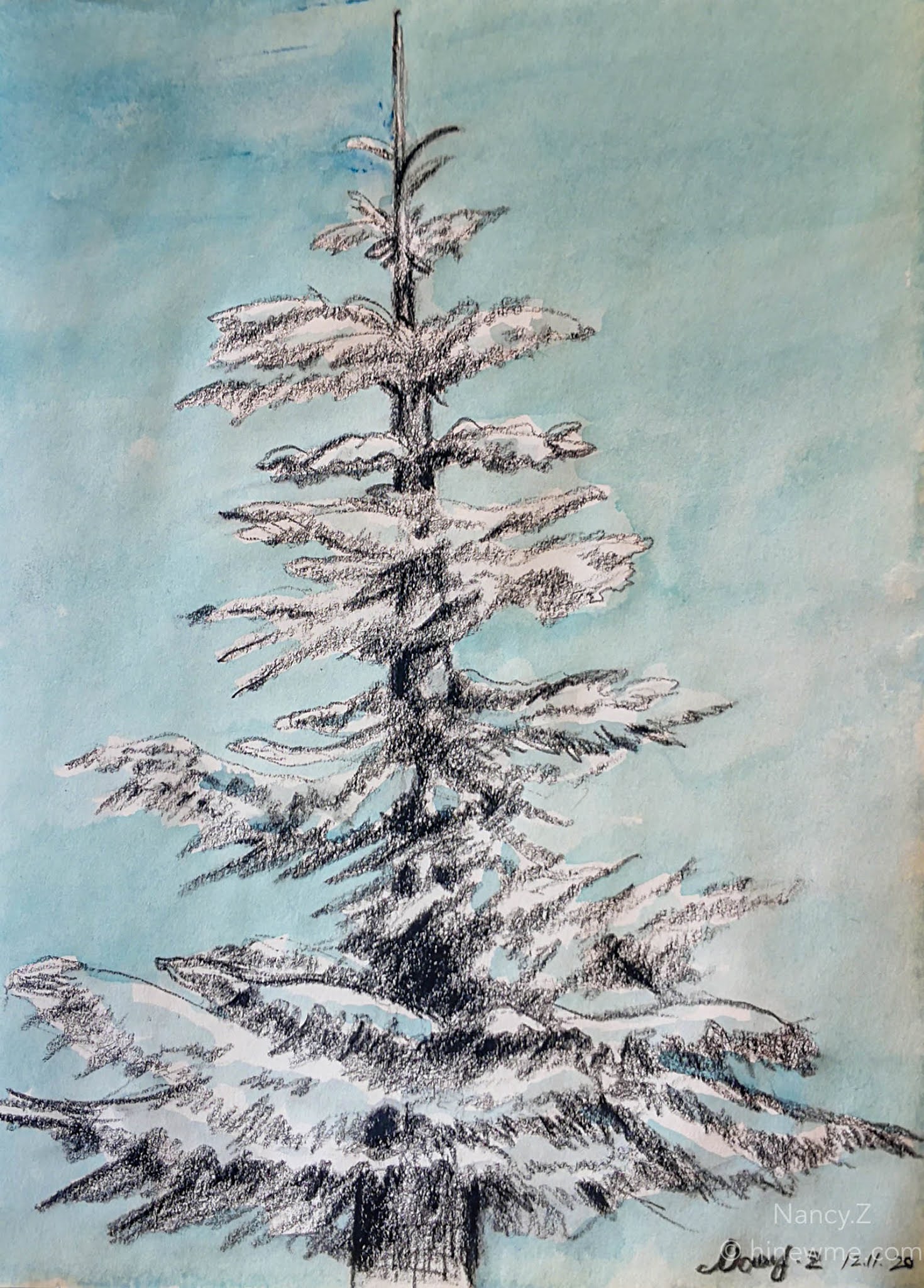 26Watercolor Winter and pine tree landscape, come to see my paintings