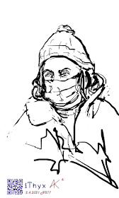 Цифровой портрет девушки в маске с локонами орехового оттенка, под серой вязаной шапочкой с узорами, в синеватой куртке ,  цифровой рисунок сделан Андреем Бондаренко #iThyx_AK, . Автор рисунка: художник #iThyx