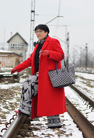 Black and white style, winter style, Black and white Fashion, Red long coat  